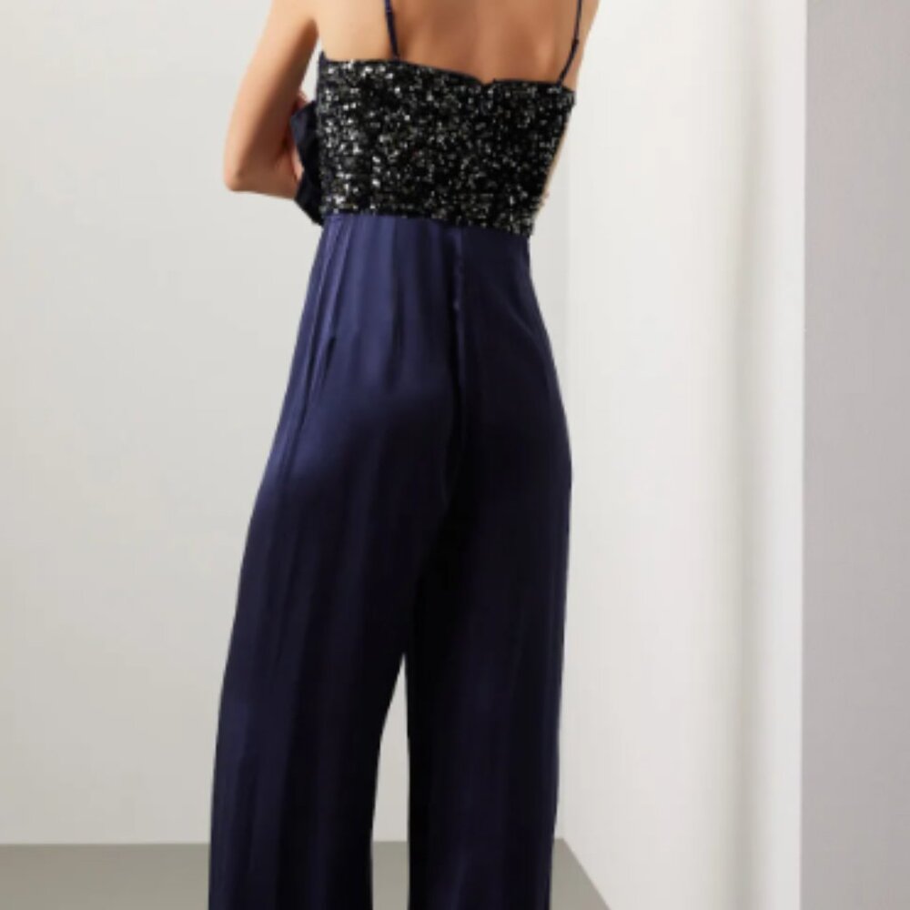 Badgley Mischka Rose Sequin Jumpsuit, Navy Blue - Size 12 - Picture 2 of 10